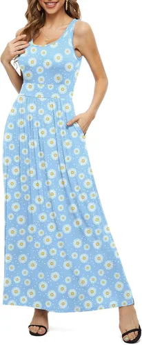 Vista 4 de LILBETTER Vestidos largos sin mangas para mujer, cintura imperio, vestidos largos casuales con bolsillos