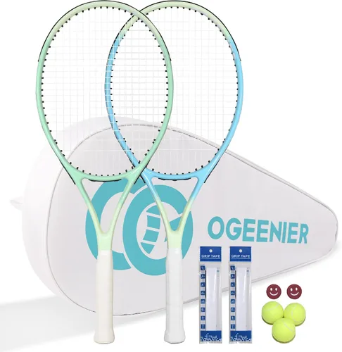 Vista 8 de OGEENIER Juego de 2 raquetas de tenis para adultos, 27 pulgadas preencordadas para principiantes, juego de raquetas de tenis de aluminio ligeras