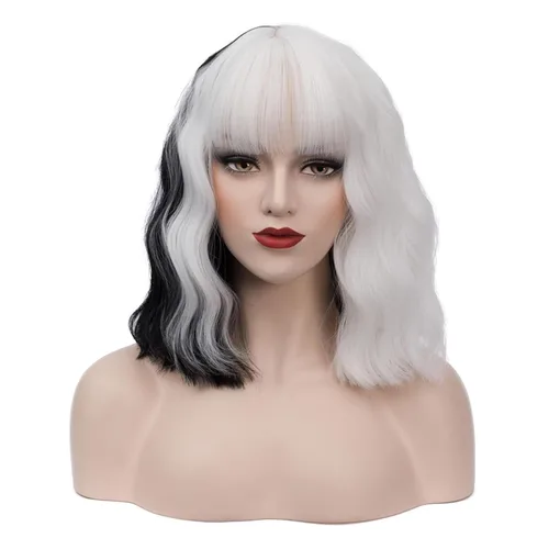 Vista 27 de Cying Lin Peluca corta ondulada y rizada con flequillo azul para mujer, peluca para cosplay, Halloween, resistente al calor, peluca de fiesta