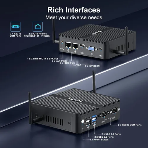 Vista 6 de HISTTON Mini PC N100 Win 11 Pro, Mini computadora industrial sin ventilador, DDR4 8 GB RAM 128 GB SSD, PC pequeña, LAN dual, WiFi 5, BT4.2, 2 RS232