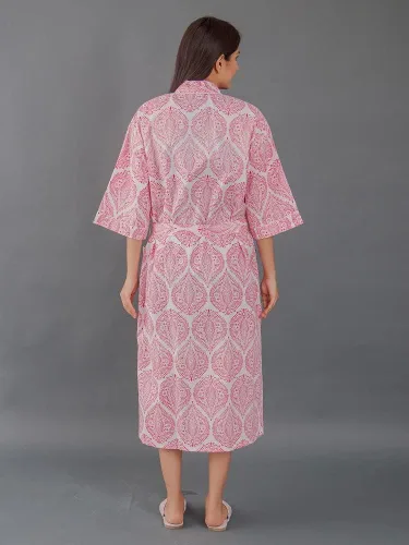 Vista 3 de Cárdigan tipo kimono con estampado indio para mujer, cuello en V, suelto, para playa, vestido de noche tipo kimono de algodón Rosado