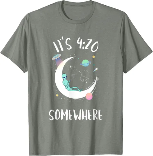 Vista 22 de Funny Weed Joint Smoking Moon Alien It's 4:20 Somewhere Camiseta, Negro, S