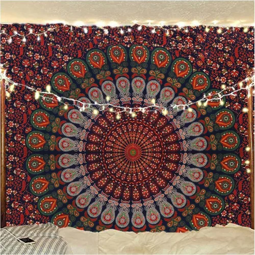Vista 30 de Tapiz hippie indio bohemio psicodélico dorado azul pavo real mandala colgante en la pared (negro blanco, Queen (84 x 90 pulgadas) (84.6 x 90.6 in)