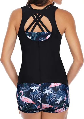 Vista 2 de Yonique - Trajes de baño de 3 piezas para mujeres tankini camiseta de tirantes para nadar con pantalones cortos y un brasier traje de baño modesto