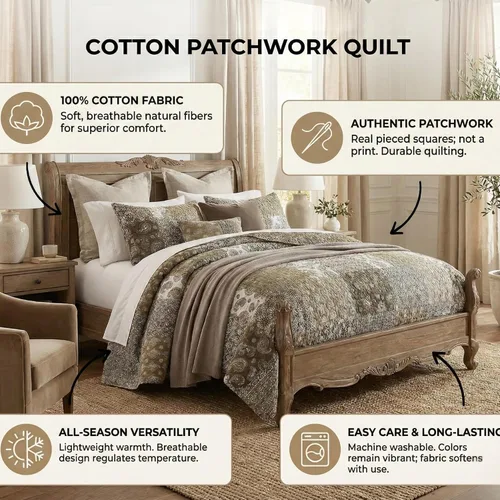 Vista 3 de DaDa Bedding - Colcha de algodón bohemio con retazos florales, diseño de filigrana marroquí, cachemira, verde oliva, marrón, reversible, multicolor