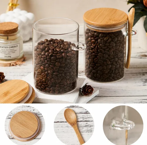 Vista 7 de Recipientes de Café Azúcar Sales - Frascos de 15 oz de Vidrio Hermético Caning con Tapas de Bambú y Cucharas Medidoras, Almacenamiento de Avena