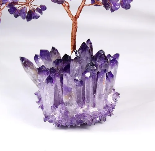 Vista 3 de Árbol de piedra preciosa de árbol de la suerte, árbol de cristal Amatista, árbol de gema de cuarzo, base de cristal, bonsái, decoración de oficina