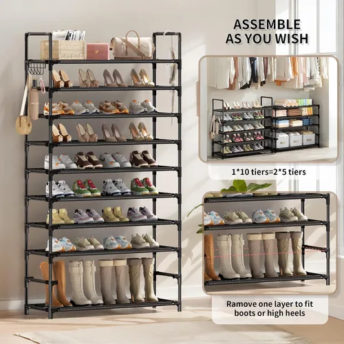 Vista 6 de Zapatero, organizador de almacenamiento de zapatos de 10 niveles con ganchos, se adapta a 40-45 pares de zapatos, estante alto de metal