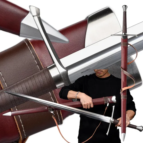 Vista 10 de Espada medieval guerrero real forjado a mano de acero de resorte de 46 pulgadas con vaina negra/marrón, modernización de espada larga, hecha a mano