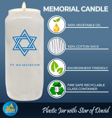 Vista 2 de Ner Mitzvah Velas conmemorativas de 7 días en tarro de plástico con estrella de David y 6 velas de pilar alto para religiosos, oración, decoración