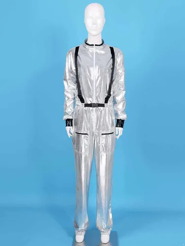 Vista 3 de Sywiyi Disfraz de astronauta para adultos, para mujeres y hombres, con cremallera metálica brillante, traje espacial plateado