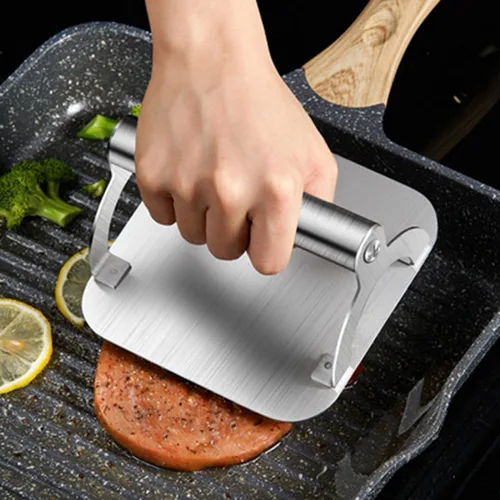 Vista 2 de 2 bistec de acero inoxidable para cocina/tocino con asa, parrilla de peso pesado, hamburguesa de grado comercial
