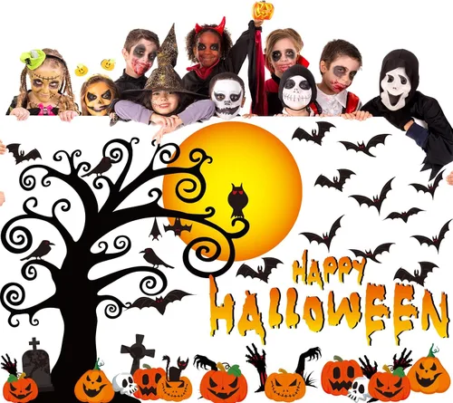 Vista 5 de Juego de tablón de anuncios grande de Feliz Halloween, decoración de aula, murciélago, calabaza, árbol, recortes de papel, cementerio de Halloween