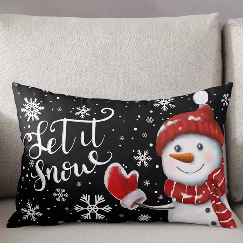 Vista 3 de Fundas de almohada de muñeco de nieve de Navidad, funda de almohada larga de lino, diseño de copos de nieve de invierno clásico, negro, protector