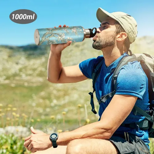 Vista 7 de ALAZA Botella de agua con diseño de flor de almendra con tapa de pajilla, botella térmica de acero inoxidable aislada al vacío, botella de agua