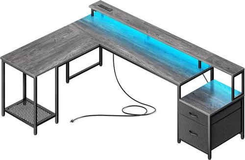 Vista 10 de PRAISUN Escritorio para juegos en forma de L de 66 pulgadas con luces LED y Negro