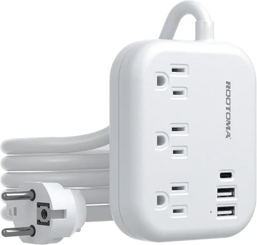 Vista 8 de Adaptador de enchufe de viaje europeo con USB C, adaptador de salida ROOTOMA de EE. UU. a Europa, 3 tomas de corriente, 3 puertos USB, regleta