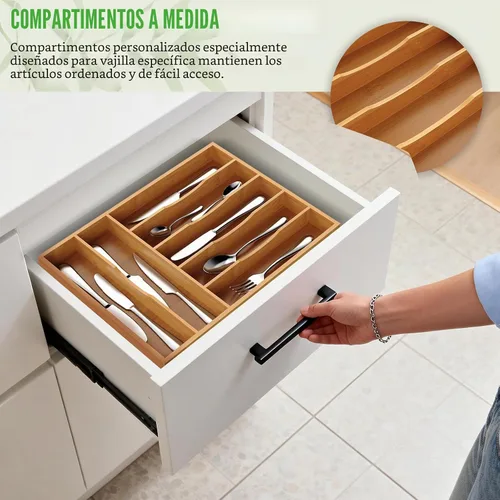Vista 6 de Organizador de cubiertos, soporte para utensilios de cajón de cocina (bambú, grande)