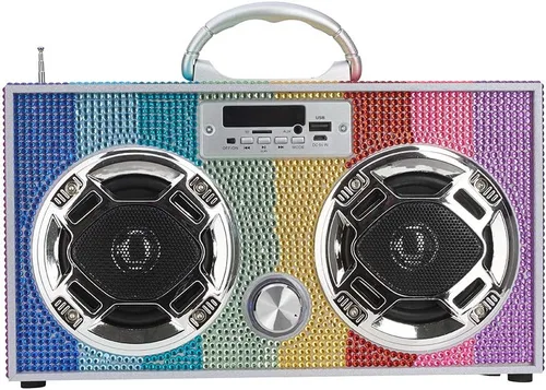 Vista 4 de Wireless Express - Altavoz portátil para fiestas: Boombox retro con Bluetooth, espectáculo de luces LED, radio FM mejorada, batería recargable