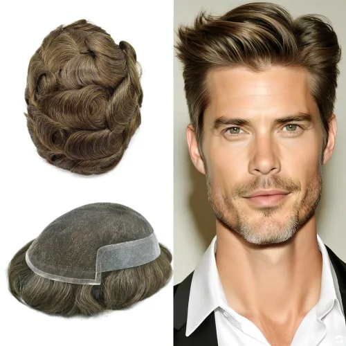 Vista 24 de Tupé para hombre con encaje suizo para hombre, sistema de reemplazo de cabello humano real, extensiones de nudo blanqueado para prótesis de cabello