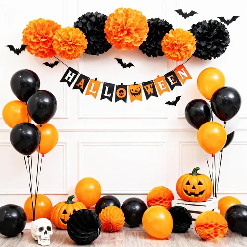 Vista 3 de Pompones de papel negro y naranja, pompones de tejido negro y naranja decoraciones colgantes, decoraciones de fiesta negro y naranja (12 unidades)