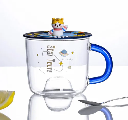 Vista 4 de Bonita taza de café de cristal con tapa de silicona Kawaii Cat para café, té, leche, decoración estética de habitación, regalo divertido