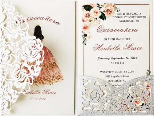 Vista 8 de 50 unidades de invitación de boda personalizadas burdeos con sobres, corte láser, bolsillo hueco de flora con invitaciones de cinta
