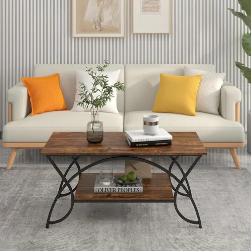 Vista 8 de Giantex Mesa auxiliar rectangular de 2 niveles, mesa de grano de madera con estante de almacenamiento abierto, marco de metal acabado negro, mesa