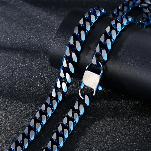 Vista 42 de YAMI Cadena de eslabones cubanos para hombre, azul/negro/oro de 14 quilates, acero inoxidable de 0.394-0.472 in de grosor, collar de cadena