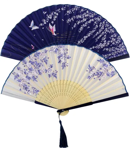 Vista 5 de Bantoye 2 ventiladores de mano, abanicos plegables de seda con marcos de bambú para bailar, cosplay, boda, fiesta, decoración, blanco y azul