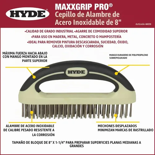 Vista 2 de Hyde 46838 MAXXGRIP PRO - Cepillo de alambre, 8 pulgadas, color beige