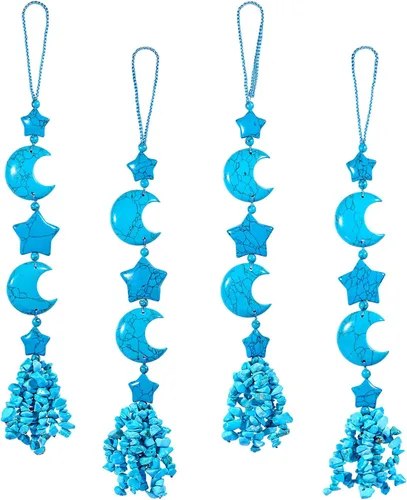 Vista 5 de Rockcloud Adornos colgantes hechos a mano con piedras de cristal, dijes de estrella y luna, adorno de automóvil para curación de chakras, yoga, Azul