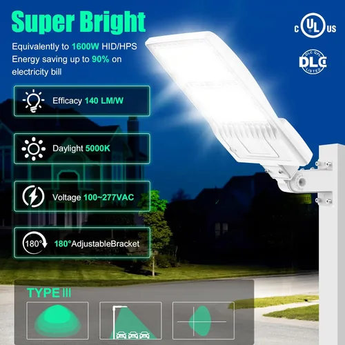 Vista 2 de BBESTLED 400W/320W/240W luces LED para estacionamiento con brazo y montaje deslizante, iluminación exterior del atardecer al amanecer, luz