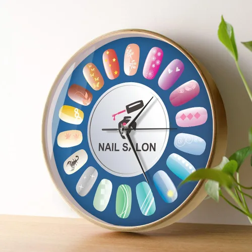 Vista 3 de Reloj de pared de salón de uñas de 12 pulgadas con marco de madera, silencioso sin tictac, funciona con pilas, esmalte de uñas y cuidado de dedos