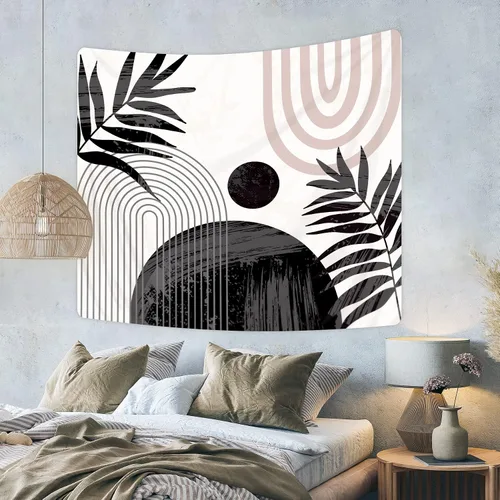 Vista 3 de KOMLLEX Tapiz abstracto negro bohemio de mediados de siglo, moderno, estético, minimalista, para colgar en la pared, hojas de sol, arco rosa
