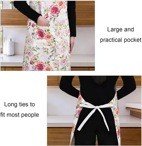 Vista 6 de Claswcalor Delantal de flores rosas con bolsillos, delantal floral para cocinar, delantal de cocina con rosas de acuarela para mujer, delantal