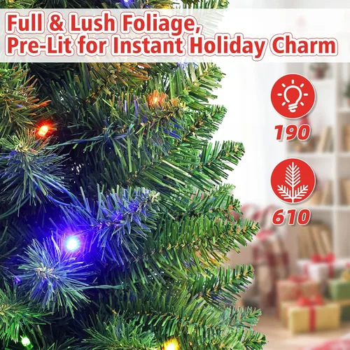 Vista 6 de Árbol de Navidad preiluminado de 6 pies, 190 LED duales, 10 modos de luz, 610 puntas, árbol de Navidad artificial delgado