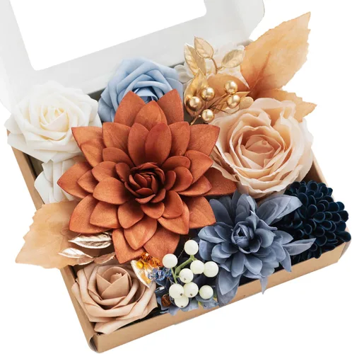Vista 7 de Ling's moment Caja de flores falsas, tallos de vegetación artificiales artificiales, rosas de espuma, dalia, gardenia, tulipán, flor fábica de seda
