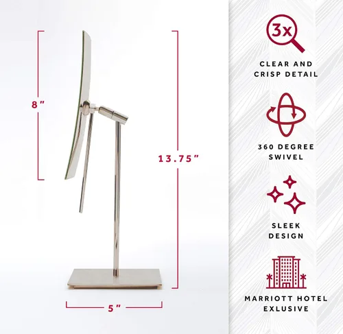Vista 2 de Marriott Espejo de tocador minimalista de mesa, espejo giratorio con aumento 3X, acabado elegante de níquel cepillado
