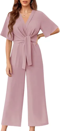Vista 12 de GAMISOTE Enterizo de pierna ancha para mujer, manga corta, nudo frontal, overol largo de verano Beige