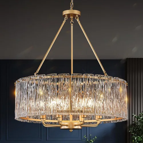 Vista 12 de CATINER Candelabro de cristal de 20 pulgadas, moderno, 6 luces, lámparas de tambor dorado, iluminación colgante de techo de lujo para entrada