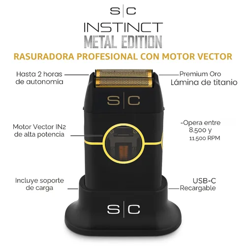 Vista 2 de StyleCraft Instinct - Afeitadora metálica inalámbrica de doble hoja con motor IN2 Vector, control de torque intuitivo, recargable por USB-C Runs