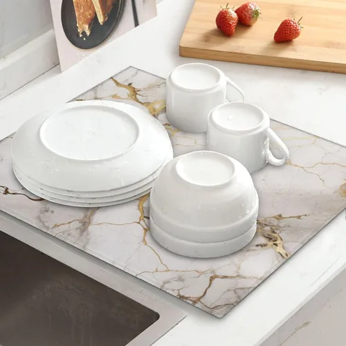 Vista 8 de Tapete de secado de platos de mármol gris dorado blanco para encimera de cocina absorbente de 16x18 pulgadas de microfibra para platos vasos A0134