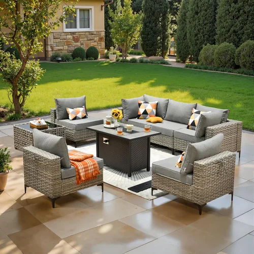 Vista 37 de ovios Muebles de patio de 8 piezas con hoguera, juego de conversación de mimbre de ratán para exteriores con mesa de centro brillante, cómodo sofá