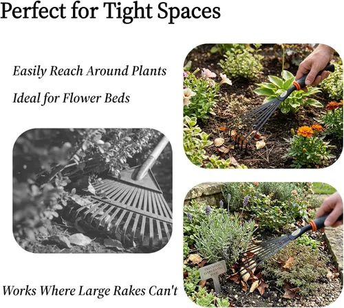 Vista 5 de Paquete de 2 rastrillos de mano pequeños para jardinería, mini rastrillo de hojas y arbustos con púas de acero duraderas, mango ergonómico
