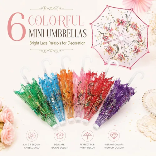 Vista 4 de Toyvian - Paquete de 6 mini sombrillas y sombrillas de encaje, estilo hecho a mano, de lentejuelas decorativas para decoraciones, fiestas de té