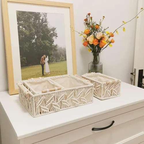 Vista 7 de ANMINY 3 cestas de almacenamiento de macramé para organizar cestas de decoración bohemia, cestas de almacenamiento con asas de madera, cajas