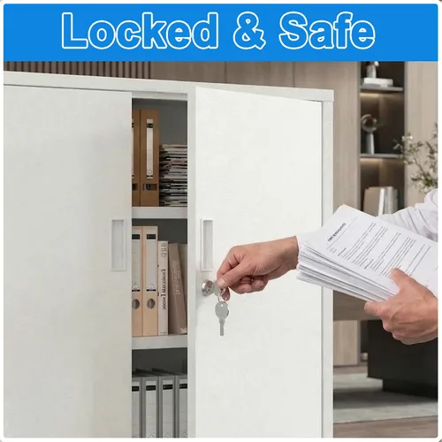 Vista 29 de BESFUR Armarios de almacenamiento de metal con estantes y puertas, armario de almacenamiento con cerradura de 36" de altura para oficina en casa