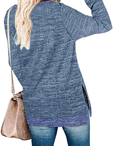 Vista 3 de Janepam Blusa de manga larga con cuello redondo y dobladillo dividido para mujer
