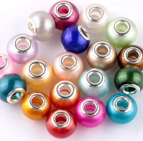 Vista 3 de RUBYCA Mezcla de perlas de imitación de cristal de Murano pulsera de encanto europeo espaciador color plata 100pcs DIY